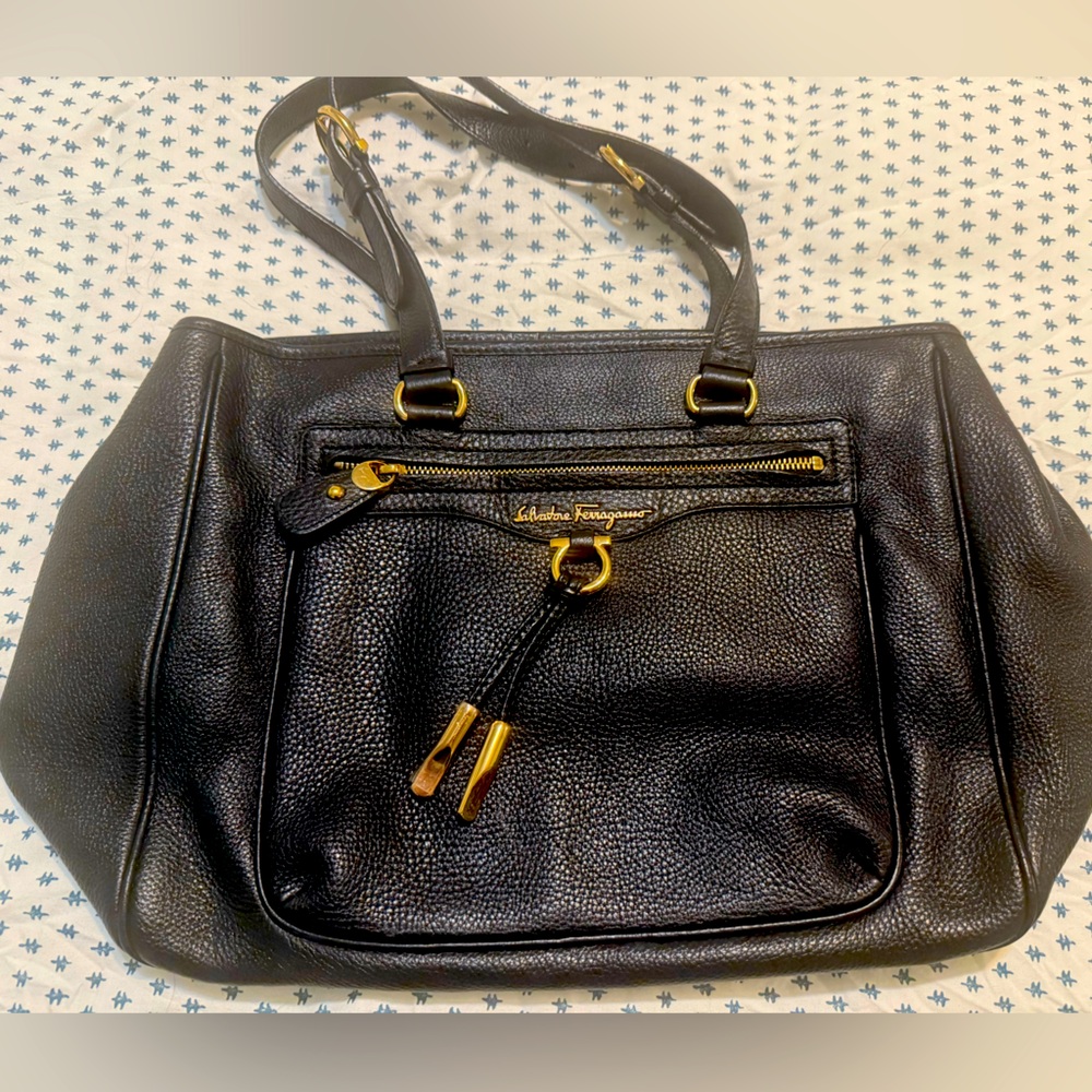 Salvatore Ferragamo black pebbled leather shoulder or tote bag